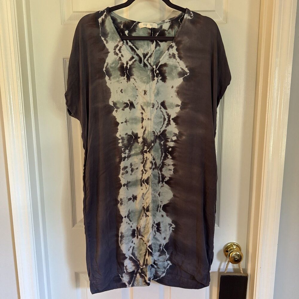 River + Sky Brooklyn Dress L Green Gray Tie Dye V Neck Midi 2 Pocket